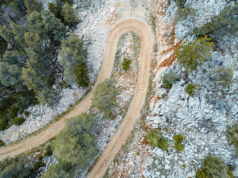 Curvy forest road soil.Forested area.Nature landscape.Aerial shot.