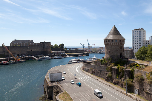 Brest, France - July 14 2022: The Tour Tanguy facing the Brest castle on the other side of the Penfeld river.