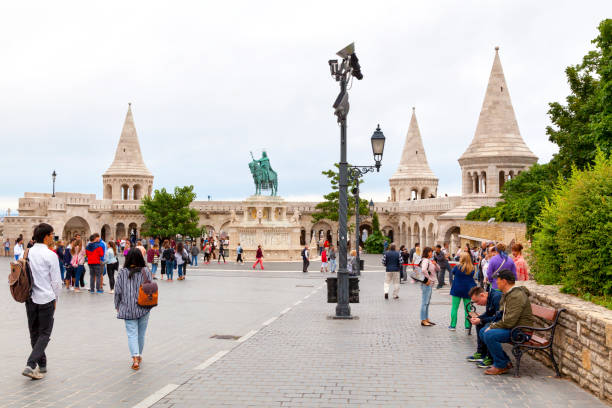 Fisherman's Bastion in Budapest Budapest, Hungary - June 22 2018: The Fisherman's Bastion and the St. Stephen Statue on Castle hill in Budapest. fishermens bastion photos stock pictures, royalty-free photos & images