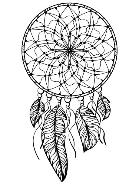 Dreamcatcher meditative coloring page, simple wicker mandala, decorative feathers with beads and threads Dreamcatcher meditative coloring page, simple wicker mandala, decorative feathers with beads and threads vector illustration symbol north american tribal culture bead feather stock illustrations