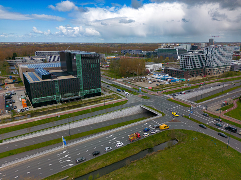 This aerial picture shows several office buildings near a large intersection in Leiden, Zuid-holland.