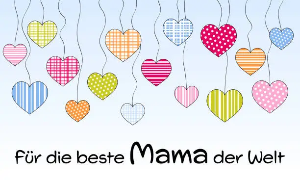 Vector illustration of Für die beste Mama der Welt - text in German - For the best Mom in the world. Mother’s Day greeting card with a sky full of hearts.