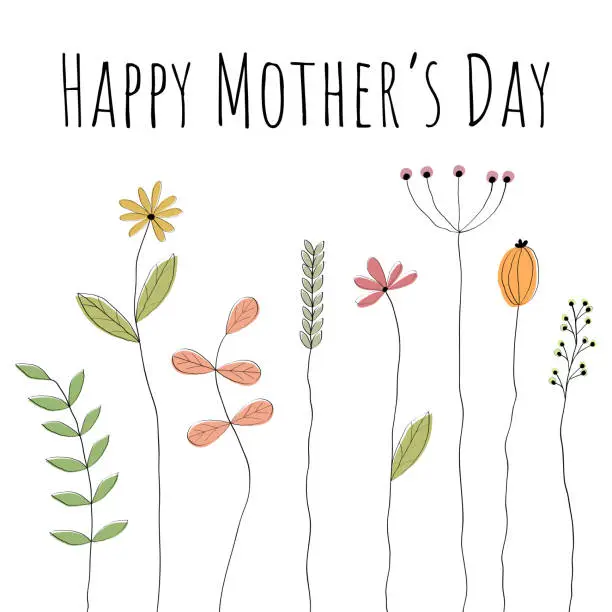 Vector illustration of Happy Mother’s Day. Greeting card with lovely drawn flowers.