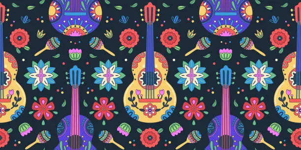 Vector illustration of Cinco de Mayo celebration. Mexican holiday. Colorful design of flowers, cactuses, maracas, guitars on a dark background. Fiesta banner, poster, header