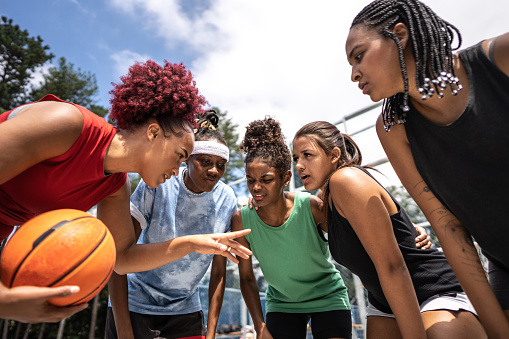 Women basketball team talking in sports court