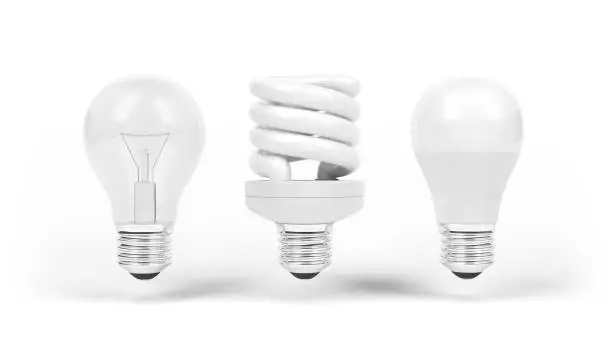 Photo of Light emitting diode, incandescent bulb and compact fluorescent lamp. Light bulbs isolated on white. CFL. LED.