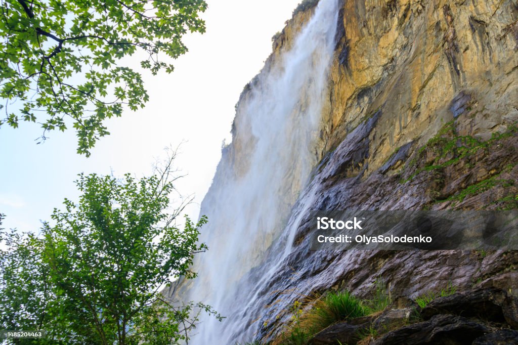 View of Staubbach Falls in Lauterbrunnen, Bernese Oberland, Switzerland Adventure Stock Photo