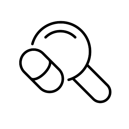 Search for medicines. Line icon, black, find medical supplies. Vector icon