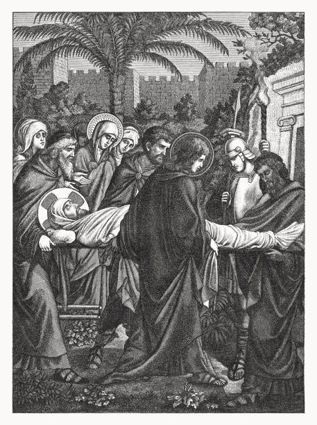 Jesus' burial (Matthew 27, 57-61), wood engraving, published in 1898 Jesus' body is carried to the grave (Matthew 27, 57 - 61). Wood engraving, published in 1898. tomb of the virgin mary in jerusalem stock illustrations