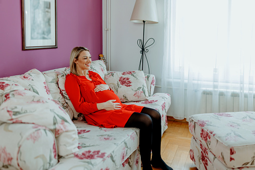 A young Caucasian pregnant woman is sitting on her living room sofa.