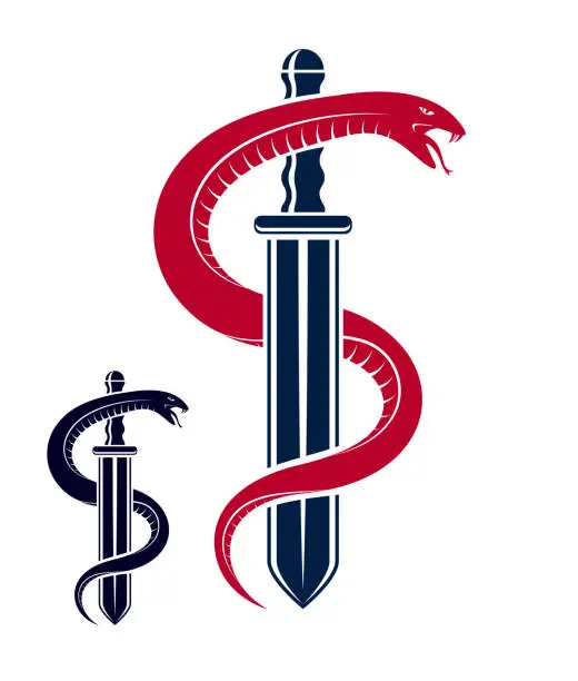 Vector illustration of Snake and Dagger, Serpent wraps around a sword vector vintage tattoo, Roman god Mercury, luck and trickery, allegorical logo or emblem of ancient symbol.