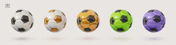 Vector illustration of Colorful soccer balls collection. White, golden, green and purple glossy football balls isolated design elements on white background. Vector 3d design elements.