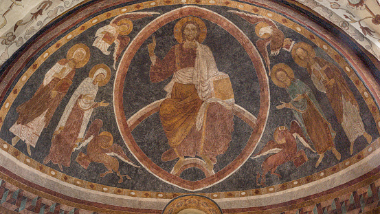 Romanesque mural of Christ sitting on the rainbow, Sæby, Zealand, Denmark, April 6, 2023