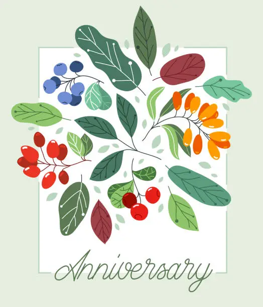 Vector illustration of Greeting card with ripe wild berries and fresh green leaves vector flat drawing, floral design composition diet natural food mockup, invitation or anniversary theme, congratulations.