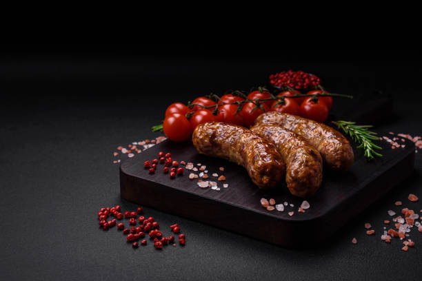 istock Delicious fried grilled sausages with salt, spices and herbs 1485209043