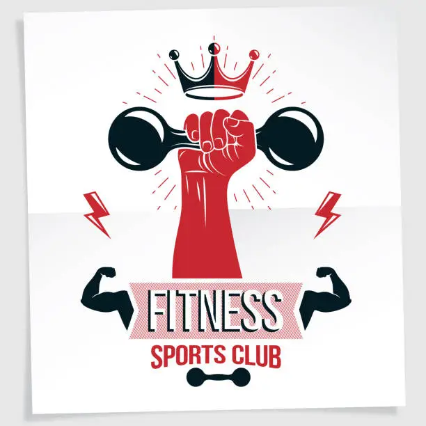 Vector illustration of Weightlifting club promotion flyer. Strong muscular arm holds dumbbell, vector illustration.