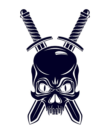 Aggressive skull pirate emblem Jolly Roger with weapons, vector vintage style logo or tattoo dead head.