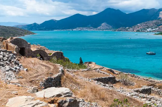 View of the sea and the ruins of the fortress of Spinalonga.