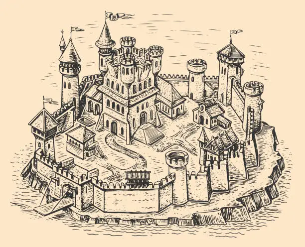 Vector illustration of Old medieval castle with various buildings, surrounded by stone wall with towers. Town map in vintage engraving style