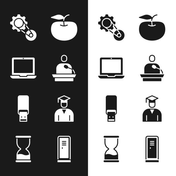 ilustrações de stock, clip art, desenhos animados e ícones de set gives lecture, laptop, timing belt kit, apple, usb flash drive, graduate and graduation cap, locker or changing room and old hourglass icon. vector - university graduation car student