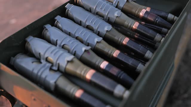 Ukrainian Anti-aircraft system 23mm guns in ammunition boxes, close up