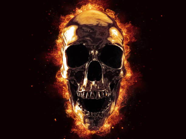 istock Laughing liquid metal skull on fire - 3D Illustration 1485224743