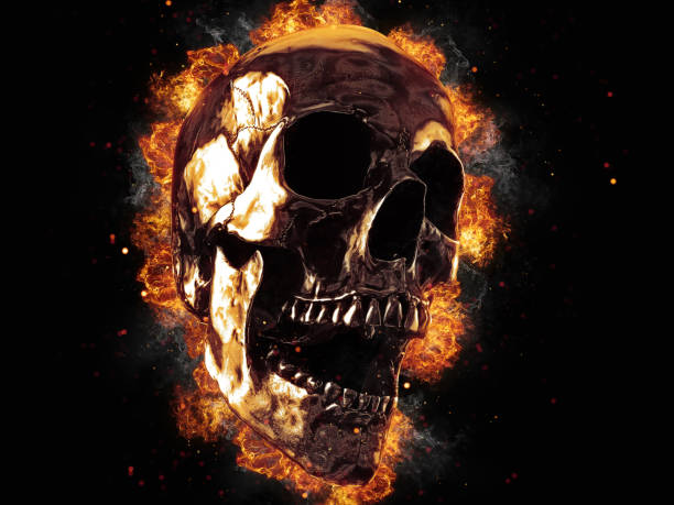 istock Screaming metal skull on fire - 3D Illustration 1485225326