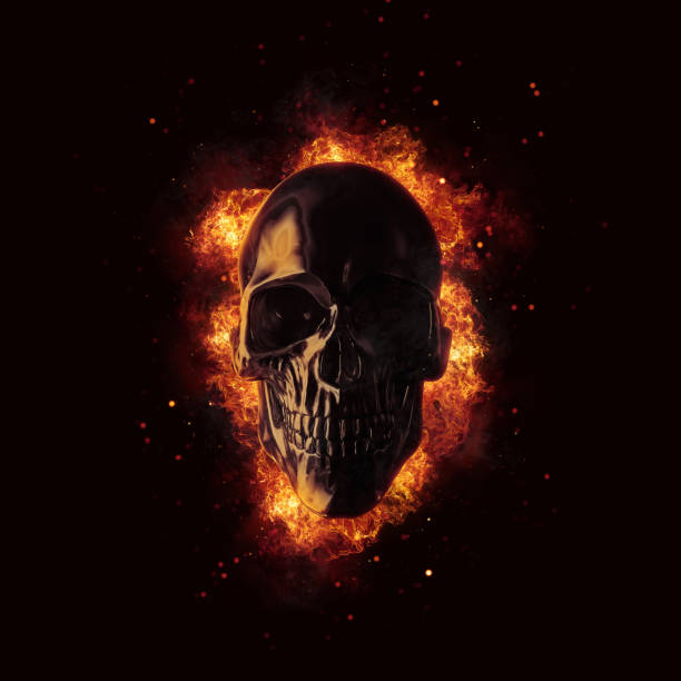 istock Black skull on fire - fire embers particles in the air - 3D Illustration 1485225337