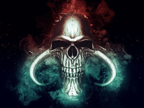 Demon skull in red and blue smoke and fog - 3D Illustration