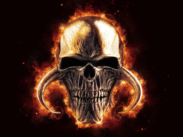istock Heavy metal demon skull on fire burning bright - 3D Illustration 1485225344