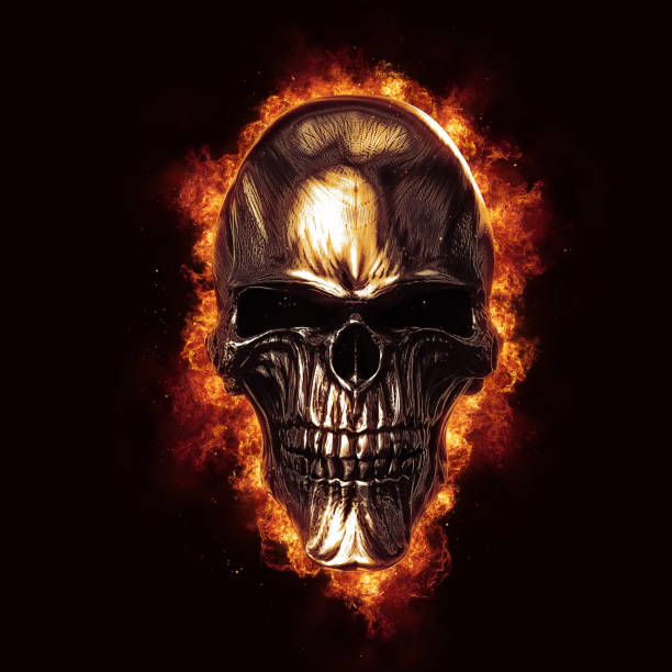 istock Shiny dark metal skull in flames - 3D Illustration 1485225345