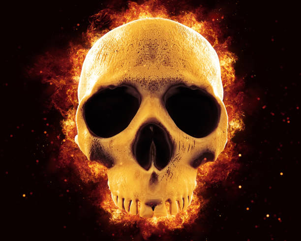 istock Skull on fire - top part of the human skull on fire - 3D Illustration 1485225347