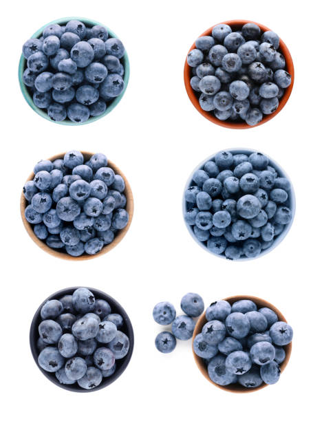 istock Set with tasty fresh ripe blueberries on white background, top view 1485228706