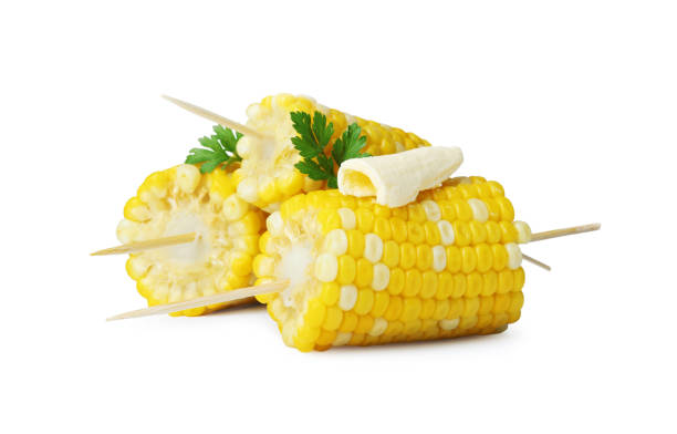 istock Tasty cooked corn with butter on white background 1485230923