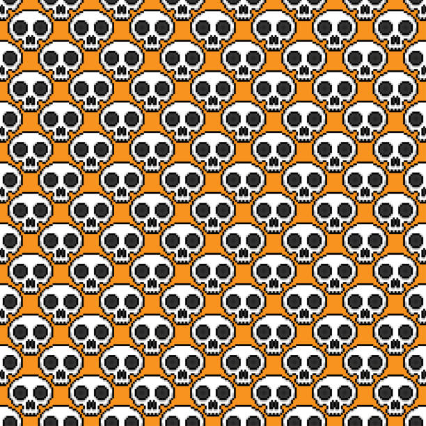 ilustrações de stock, clip art, desenhos animados e ícones de small white pixelated skulls isolated on orange background. seamless pattern. vector simple flat graphic illustration. texture. - pop art skull backgrounds pattern