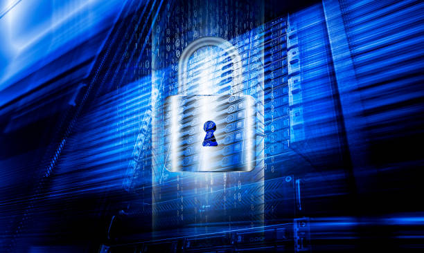 istock 3D render Firewall activated on server room data center . concept of information protection, lock on the background of supercomputer cluster. 1485235889