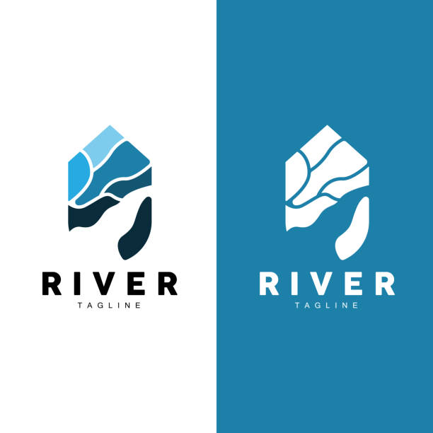 ilustrações de stock, clip art, desenhos animados e ícones de river logo, streamer vector, river bank, mountains and farm design, illustration symbol icon - rain snow sun beauty