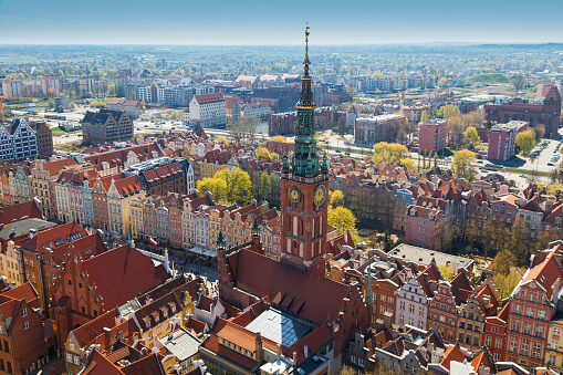 Krakow, Poland - July 18, 2023: Cityscape with main square Rynek Glowny and St. Mary's Basilica of Krakow Malopolska region in Poland