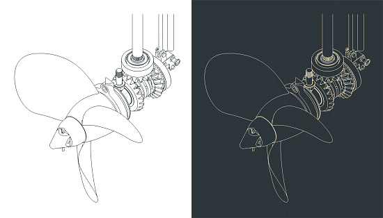 Stylized vector illustration of isometric blueprints of outboard motor gearbox