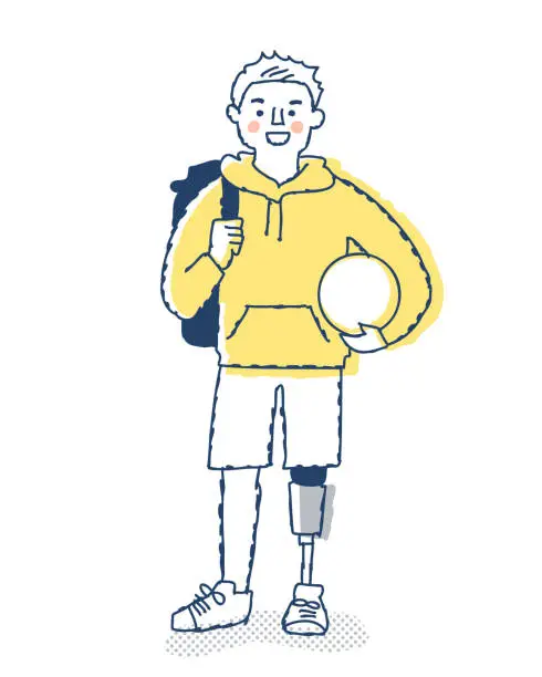 Vector illustration of Young man with a prosthetic leg holding a ball