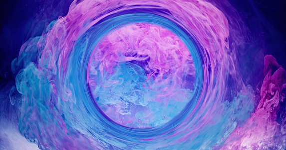 Smoke circle. Color vapor. Ink water swirl. Esoteric astrology. Pink blue steam round frame whirl abstract art background with free space.