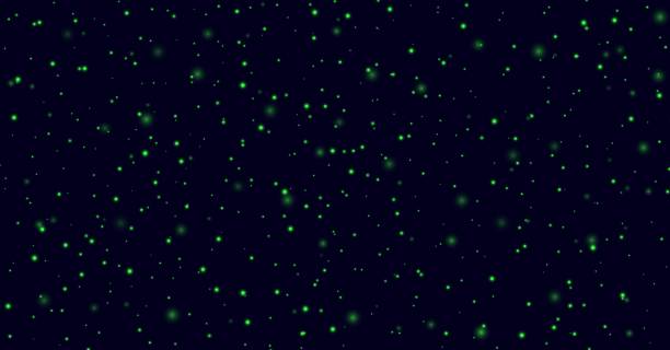 illustrations, cliparts, dessins animés et icônes de le vert scintille sur un fond bleu foncé, les lucioles volent dans la nuit. insectes éclairs abstraits dans le ciel du soir. - firefly