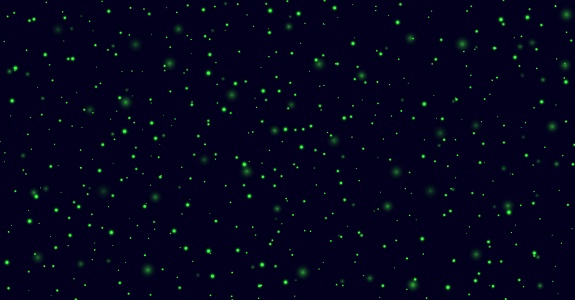 Green sparkles on a dark blue background, fireflies flying in the night. Abstract lightning bugs in the evening sky. Glowing stardust light effect. Vector backdrop.