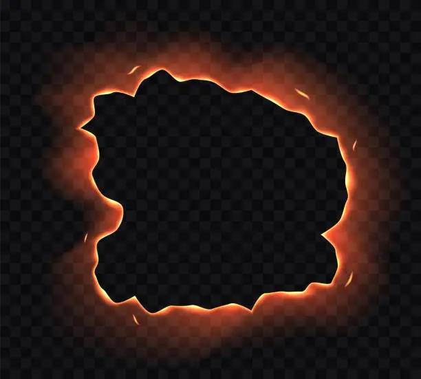 Vector illustration of Burning paper hole, edge, frame with fire sparks isolated on transparent background.