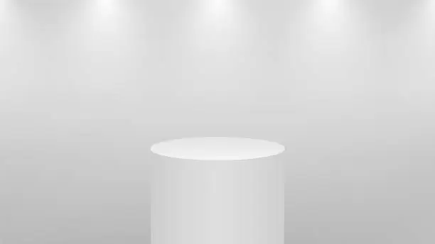 Vector illustration of Realistic 3d white podium for product display. Round pedestal or platform in studio lighting on a gray background.