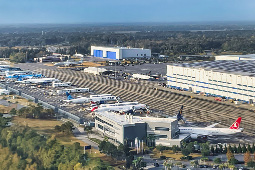 charleston, united states - 05 november 2022: an aerial view of a boeing plant in South carolina with planes parked outside