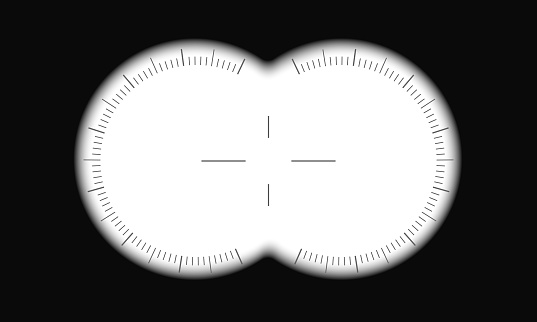 Binocular viewfinder template with scale and aim sign. Military, spy, commando, hunting or tourist optical tool for searching, magnifying, exploration, following, investigation. Vector illustration