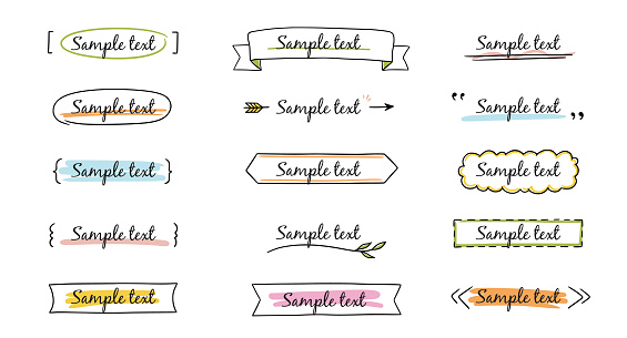 Text title frame handwriting ribbon, square, circle decoration element. Doodle cute title frame simple text box, label, tag. Hand drawn sketch style decoration. Vector illustration.