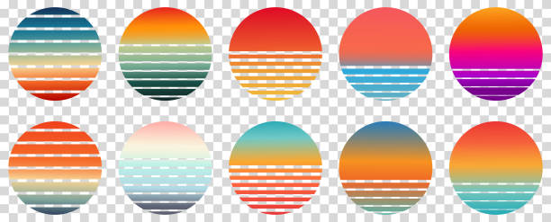 Retro sunset. Vintage colorful striped circles. Vector illustration isolated on transparent background