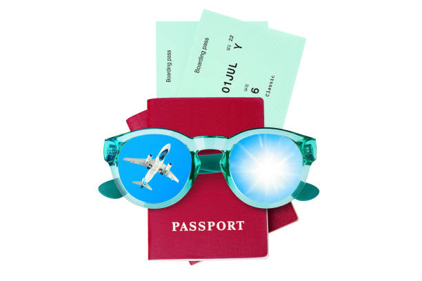 Red passports, boarding pass, flight tickets, sunglasses, flying plane, sun, blue sky, white background isolated, summer holidays, vacation, airplane travel, international airlines, tourism concept